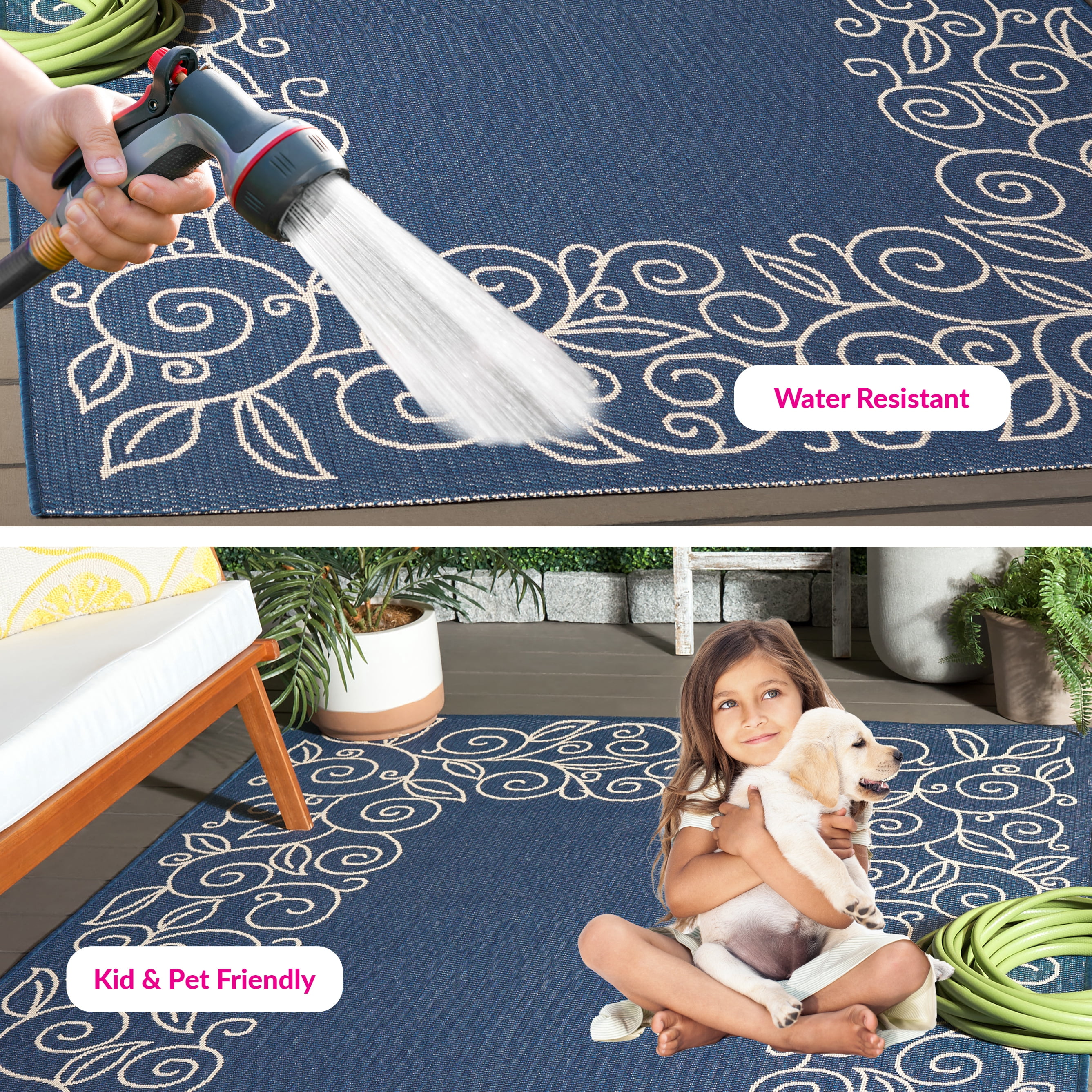 SAFAVIEH Courtyard Chole Floral Bordered Indoor/Outdoor Area Rug, 9' x 12', Blue/Beige