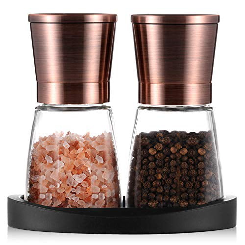Glass Body Pepper Grinder Brozen Painting Stainless Steel Salt and Pepper Mills with Silicone Stand Set of Salt and Pepper Grinders with Easy Adjustable Ceramic Coarseness 2 pcs 