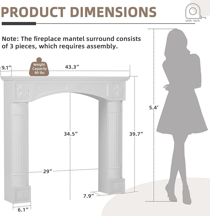 EPICOZY 43.3" Fireplace Mantel, Freestanding Fireplace Surround with Leg for Electric Fireplaces, MDF Mantel Surround with Shelf for Living Room with Decorative Pattern, Anti-Tipping & Waterproof
