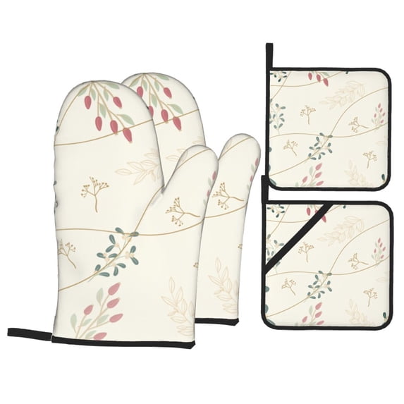 YFYANG Oven Mitts and Pot Holders Sets 4 Pieces, Non-Slip Heat Resistant Vintage Branch Line Texture Kitchen Glove Pot Mat for Cooking and Baking