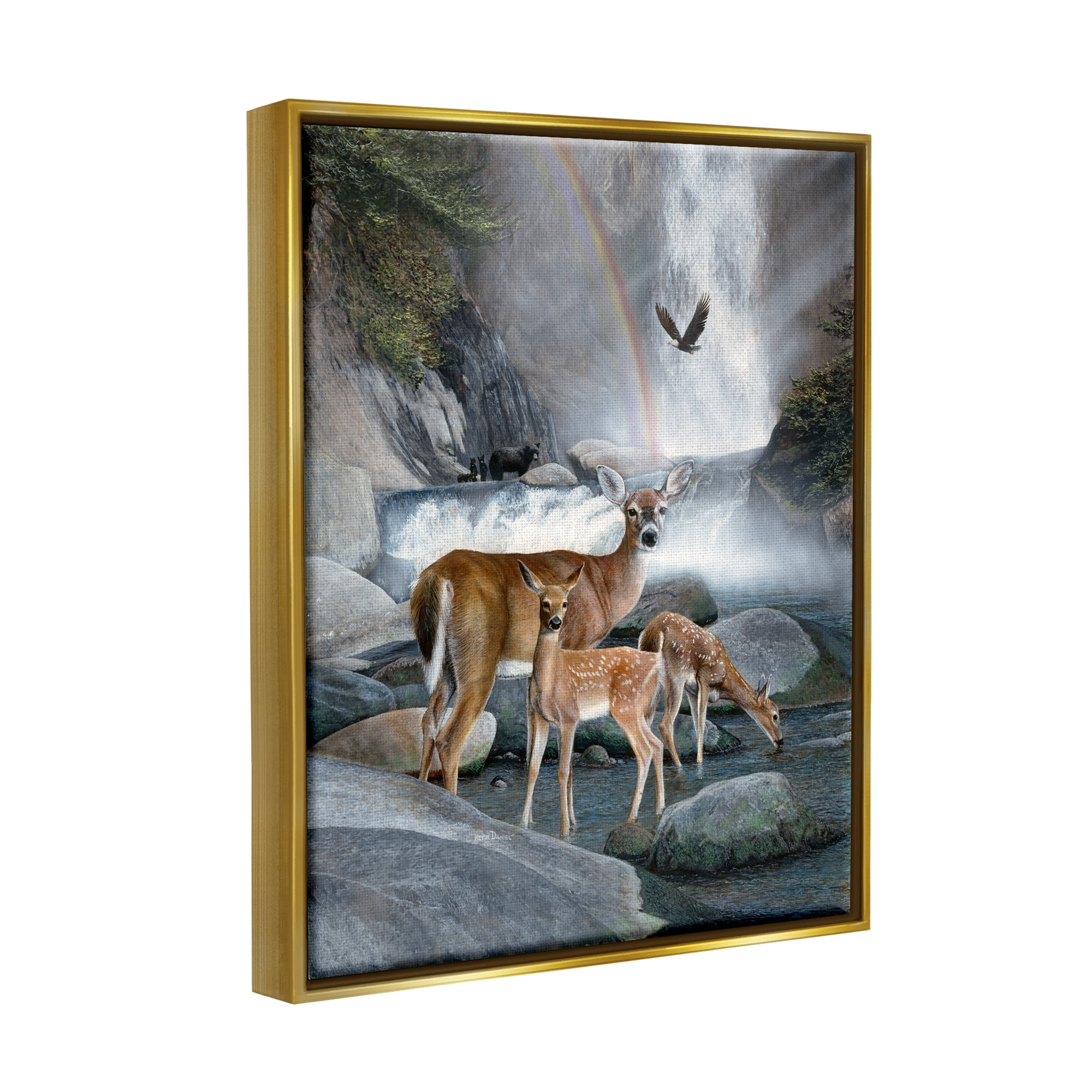 Stupell Industries Deer Family by Waterfall Animals & Insects Painting Gold Floater Framed Art Print Wall Art, 17 x 21
