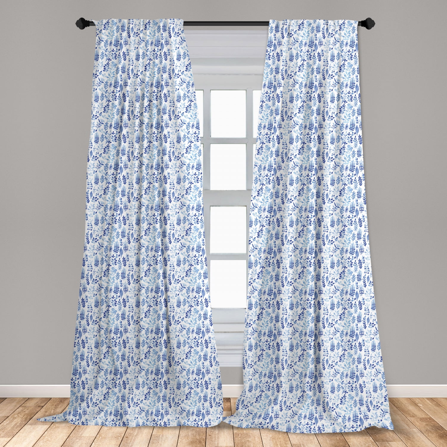 Blue and White Curtains 2 Panels Set, Watercolor Style Herbs Fresh