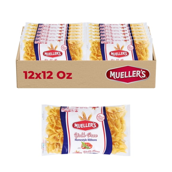 Mueller's Yolk Free Homestyle Ribbon Extra Wide Pasta (12-Pack, 12 oz) – Yolk-free noodles with hearty texture, egg noodle alternative.