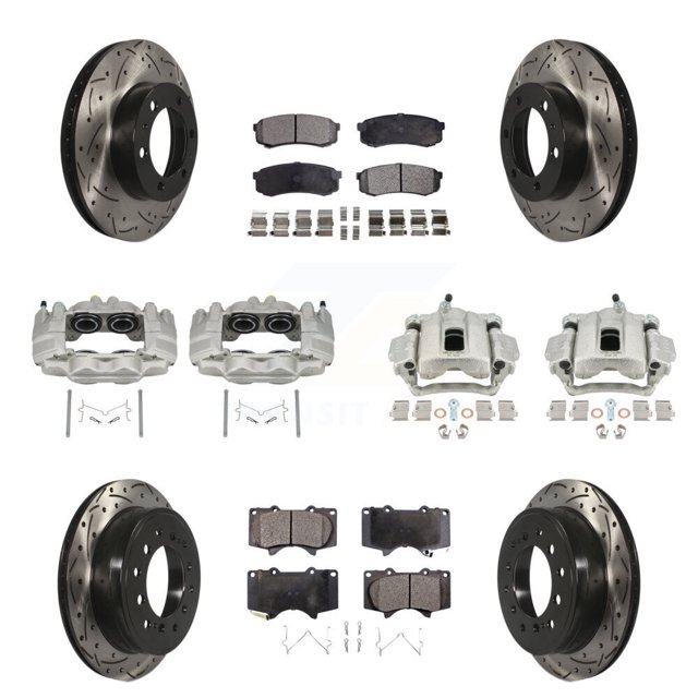 Transit Auto Front Rear Disc Brake Coated Caliper Drilled Slotted Rotors and Semi-Metallic Pads Kit (10Pc) for Car 2010-2014 Toyota FJ Cruiser with Casting # 13WG KCD-100340P