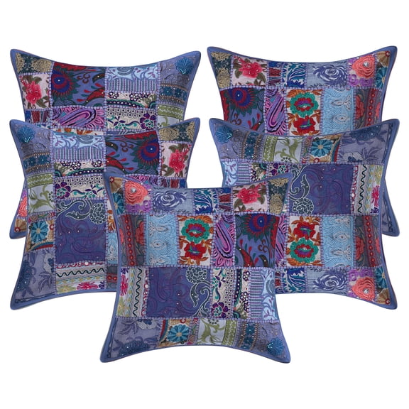 Stylo Culture Ethnic Cotton Decorative Throw Pillow Covers Grey 18 x 18 Bohemian Vintage Patchwork Ethnic Sofa Cushion Covers 45x45 cm Home Decor Abstract Square Pillow Cases | Set Of 5