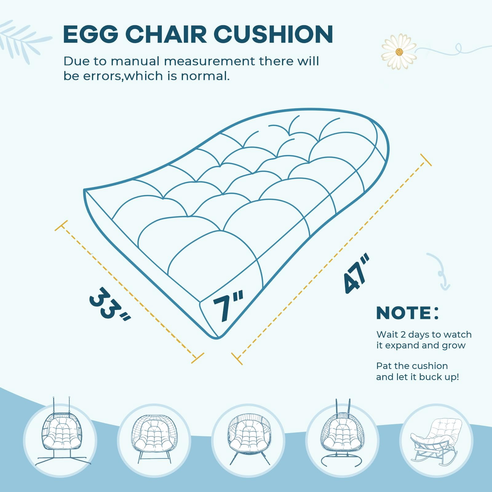 Waterproof Egg Chair Cushion Replacement Outdoor Hanging Egg Chair Cushion 47x35x7 Inches Thicken Couch Cushions with Ties, Blue Enchantress