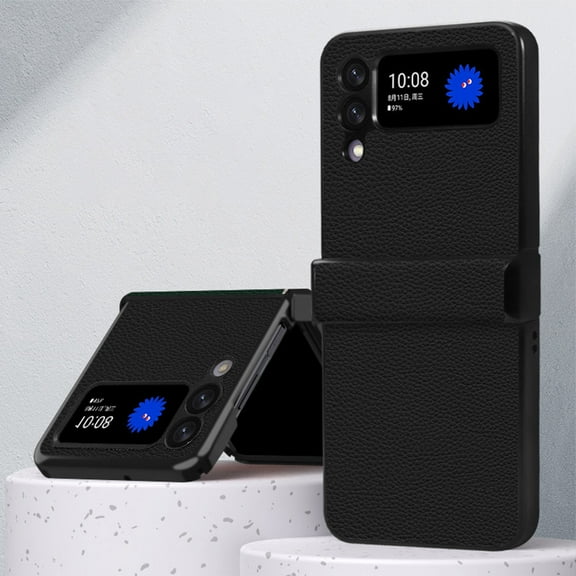 Luxury Leather Case Compatible with Samsung Galaxy Z Flip 3 with Hinge Protection Ultra Thin Business Case-Black