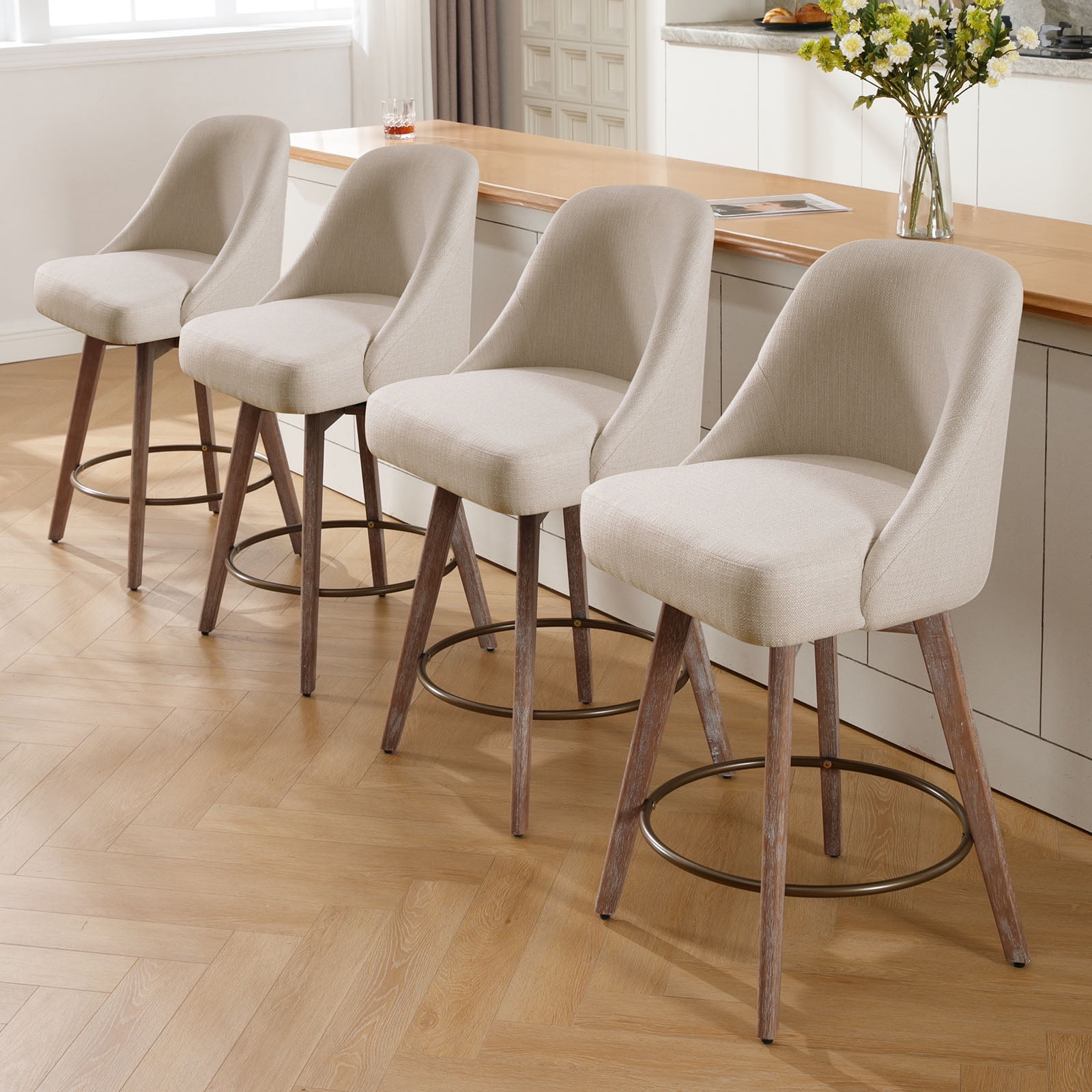 ANMINY Counter Height Bar Stools Upholstered Linen Fabric Swivel Barstools, Set of 4, 26" Seat Height with Back Mid-Century Chairs Island Stools for Home Bar Kitchen Pub