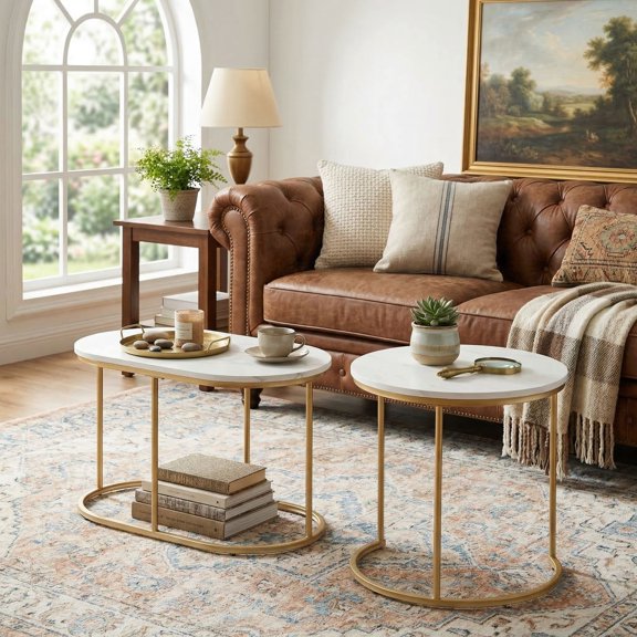 YYAo Coffee Table Butcher Block Top Large Accent Table,Modern Nesting Coffee Table Set of 2-White