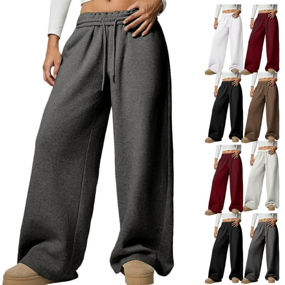 Gamivast Women'S Fleece Sweatpants Baggy Straight Wide Leg Pants with Pockets Winter Warm Drawstring Elastic Waist Sweatpants Casual Work High Waisted Pants