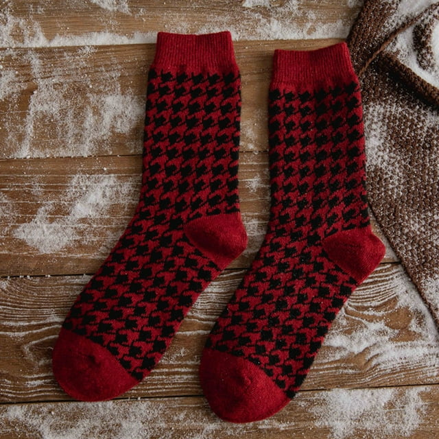Womens Winter Socks Autumn And Winter Wool Fleece Mid Tube Socks Houndstooth Printing Warm Stockings