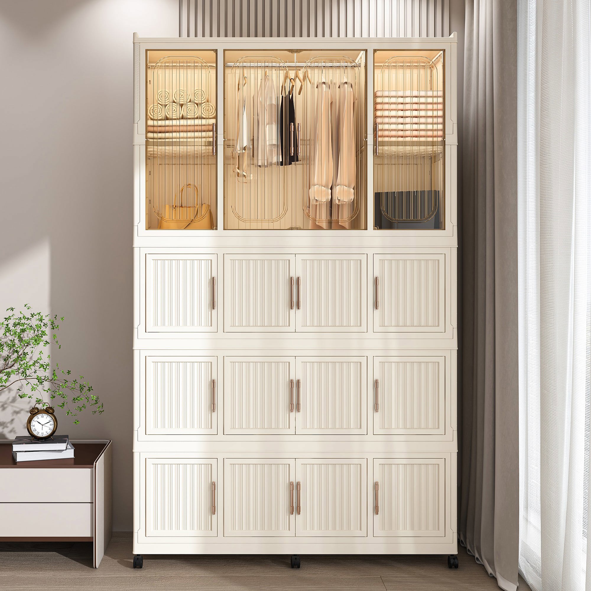 Resenkos Portable Wardrobe Closet Storage Organizer, Clothes Dresser with 16 Magnetic Doors (16 Cubes & 1 Hanging Rod) & 6 Hangers, Cream White