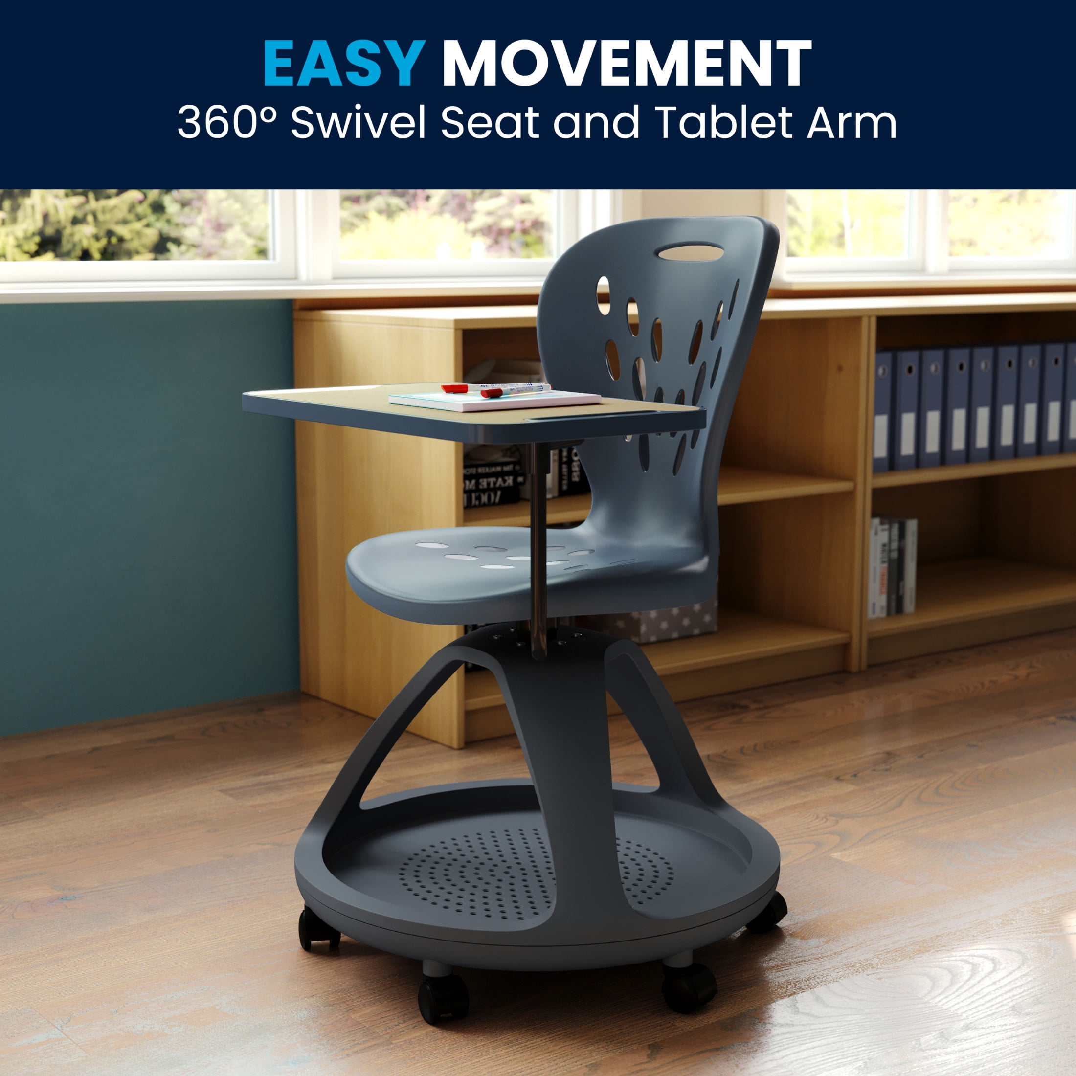 Flash Furniture Dark Gray Mobile Desk Chair with 360 Degree Tablet Rotation and Under Seat Storage Cubby