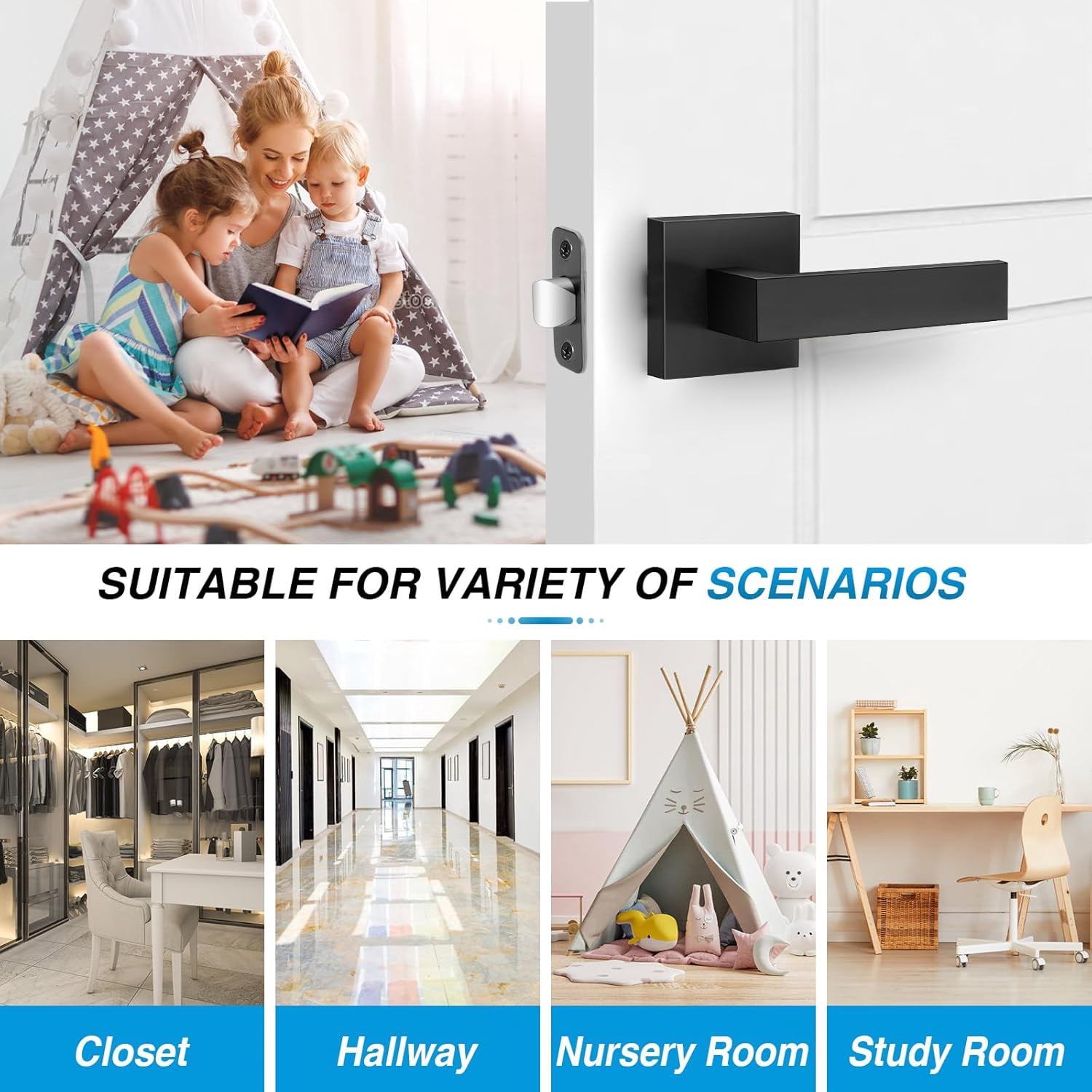 2 Pack Matte Black Door Handles, Passage Door Levers for Hallway & Closet, Interior Keyless Door Knobs Heavy Duty Square Non-Locking Handlesets(2.0lb), Reversible for Left & Right Sided Doors