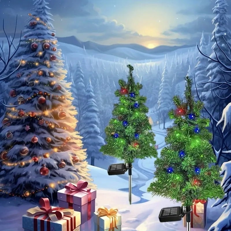 2-Pack Solar-Powered LED Artificial Christmas Trees, 120 LED Color Changing Mini Outdoor Holiday Decorations, Plastic Freestanding Festive Decor with Automatic Aaytime Charging for Pathway, Porch