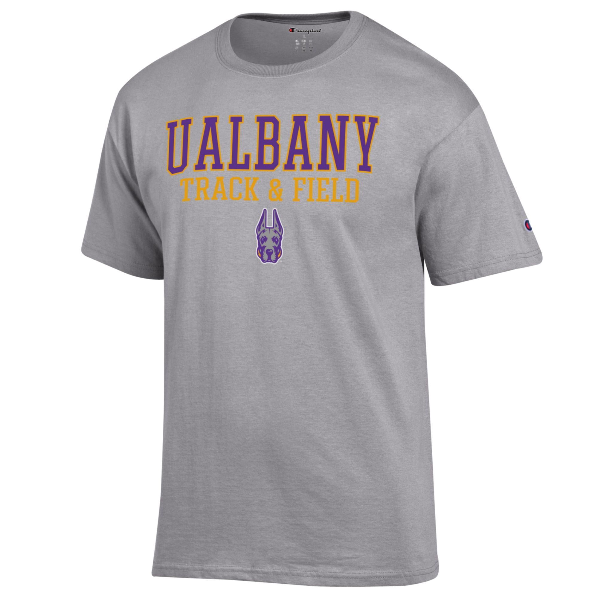 Men's Champion  Gray UAlbany Great Danes Stacked Track & Field T-Shirt