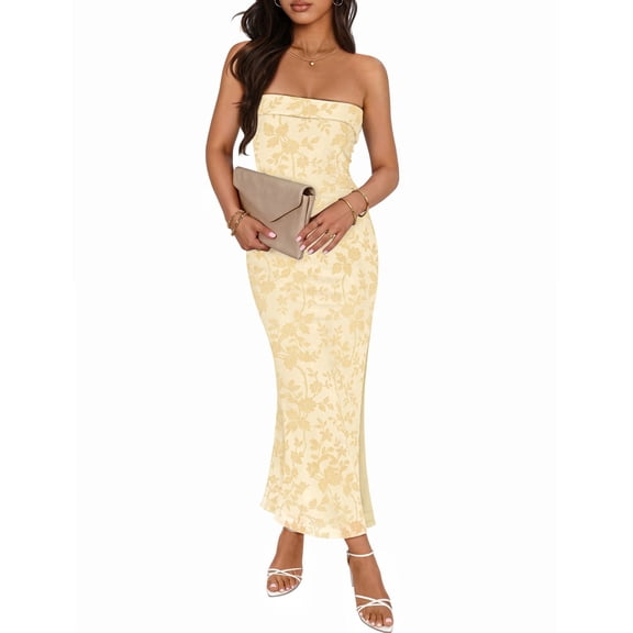 Merokeety Summer Tube Dress for Women Floral Mesh Bodycon Maxi Dress Apricot l