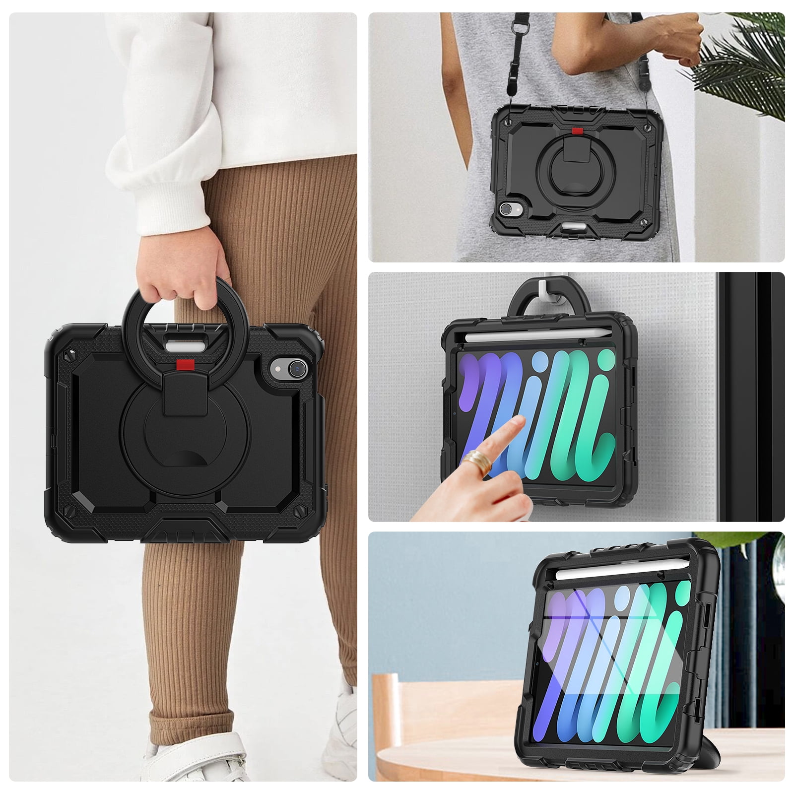 iPad Mini 6 Case 2021, Dteck 360 Rotating Heavy Duty Shockproof with Rugged Stand Pencil Holder for Kids Case for iPad Mini 6th Generation 8.3 Inch - Shoulder Strap, Screen Protector, Black