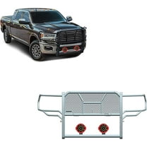 Black Horse RUGGED Heavy Duty Grille Brush Bumper Guard Modular Black Come With pair of 7.0"Dia.LED Lights with Red Trim Rings Compatible with 2019-2024 Ram 2500|2019-2024 Ram 3500-RU-DORA20-B-PLR