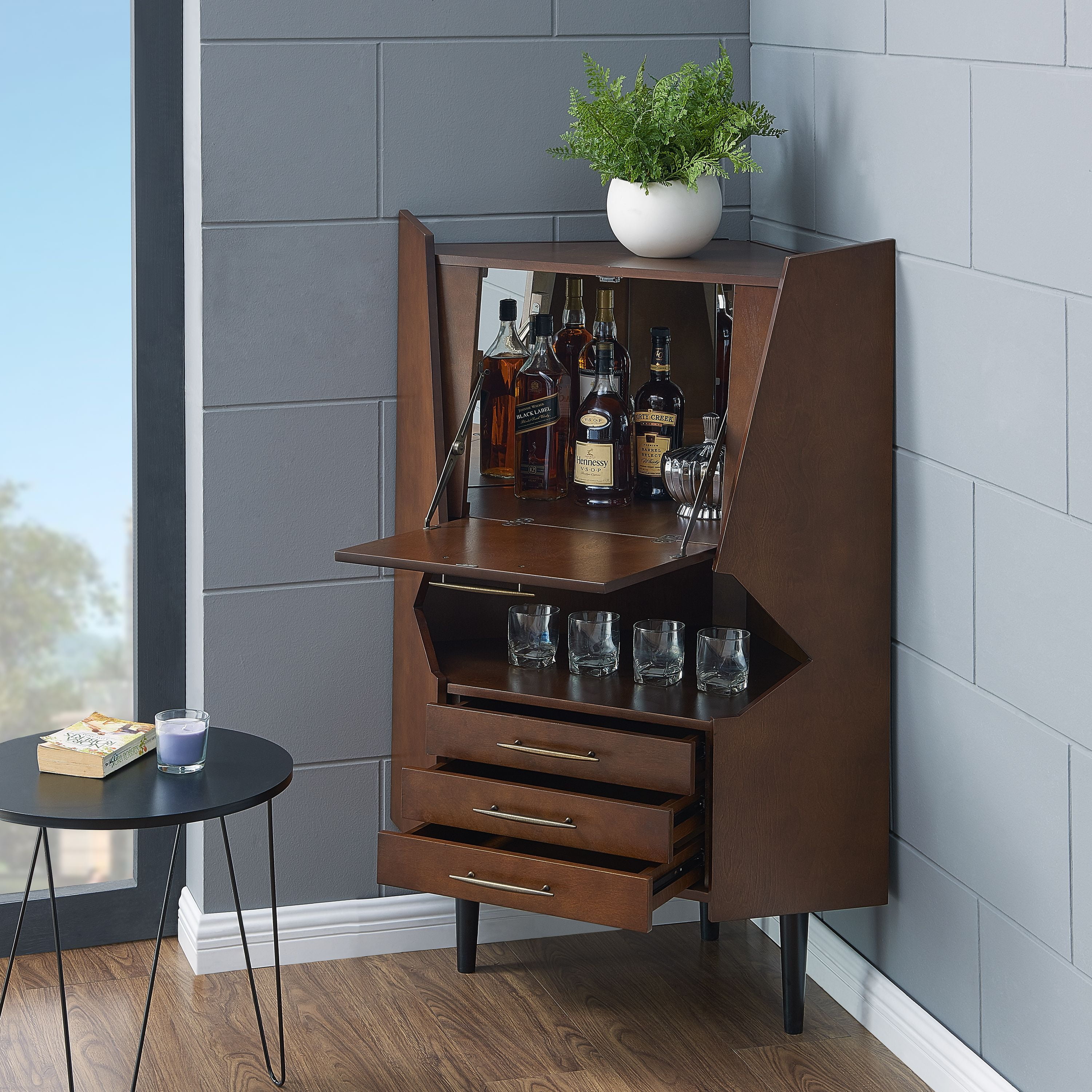 Lethani Corner Bar Cabinet Mid Century Modern Dark Com Lethani Corner Bar Cabinet Mid, Mid Century Corner Bar Cabinet
