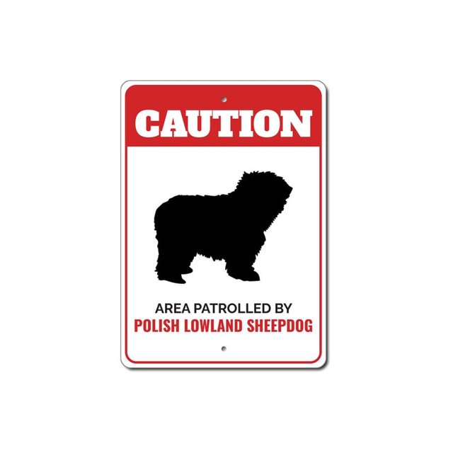 Señal de metal de precaución para perros pastores polacos de las tierras bajas, patrullada por un perro, raza canina, tamaño: 8 x 12 pulgadas