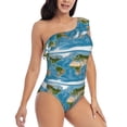thumbnail image 3 of Gaeub Earth View World Map Women's One Shoulder Ruffle Tummy Control Swimwear for Swimming Surfing Beach Party - Small, 3 of 8