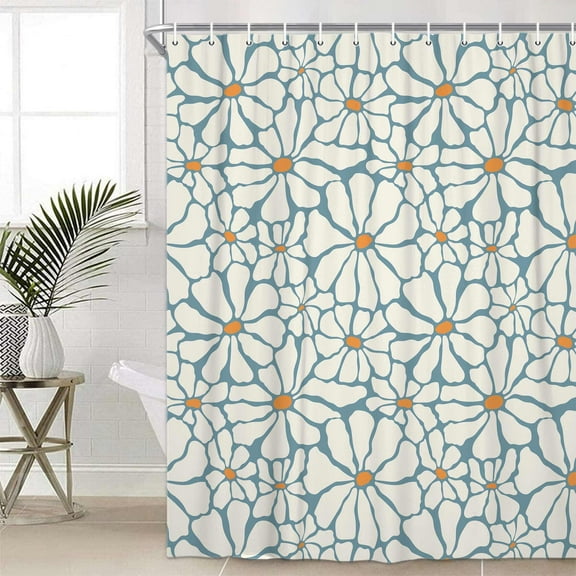 White Boho Abstract Floral Shower Curtain, Cute Vintage Retro Botanical Daisy Girl Kids Bathroom Decor Shower Curtain, Modern Geometric Aesthetic Flower Fabric Shower Curtain Set with Hooks, 72X72in