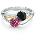 thumbnail image 2 of Gem Stone King 925 Sterling Silver and 10K Yellow Gold Pink Tourmaline Black Sapphire and Lab Grown Diamond 2 Stone Engagement Ring for Women (1.25 Cttw, Round, October Birthstone, Size 9), 2 of 4