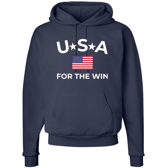 USA For The Win Printed Hoodie American Flag Patriotic 4th of July Pullover, Navy Blue (Large)