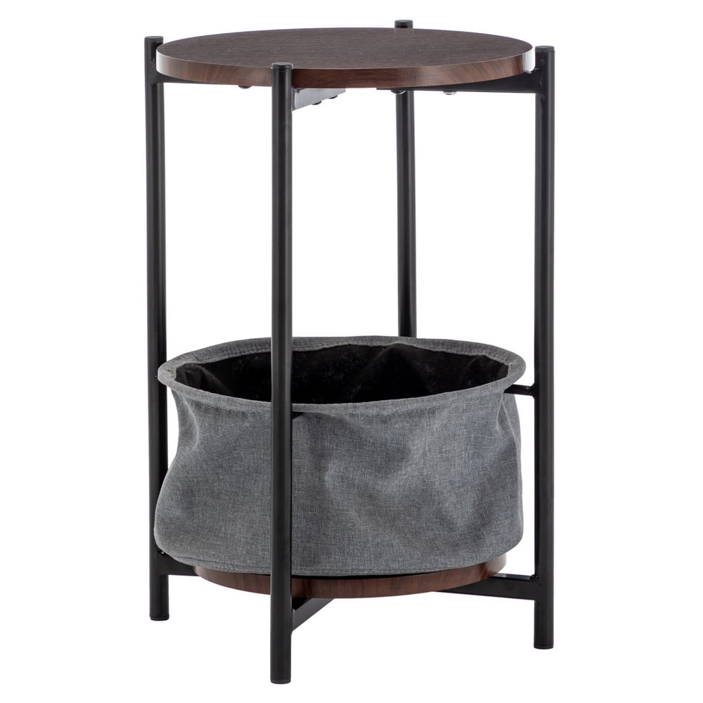 Private Jungle Double-layer Round Tea Table with Detachable Tray Top and Fabric Storage Basket, Gray Private Jungle Double-layer Round Tea Table with Detachable Tray Top and Fabric Storage Basket, Gray