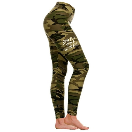 Junior's Bad Ass With A Good Ass V433 Camo Athletic Workout Leggings One Size