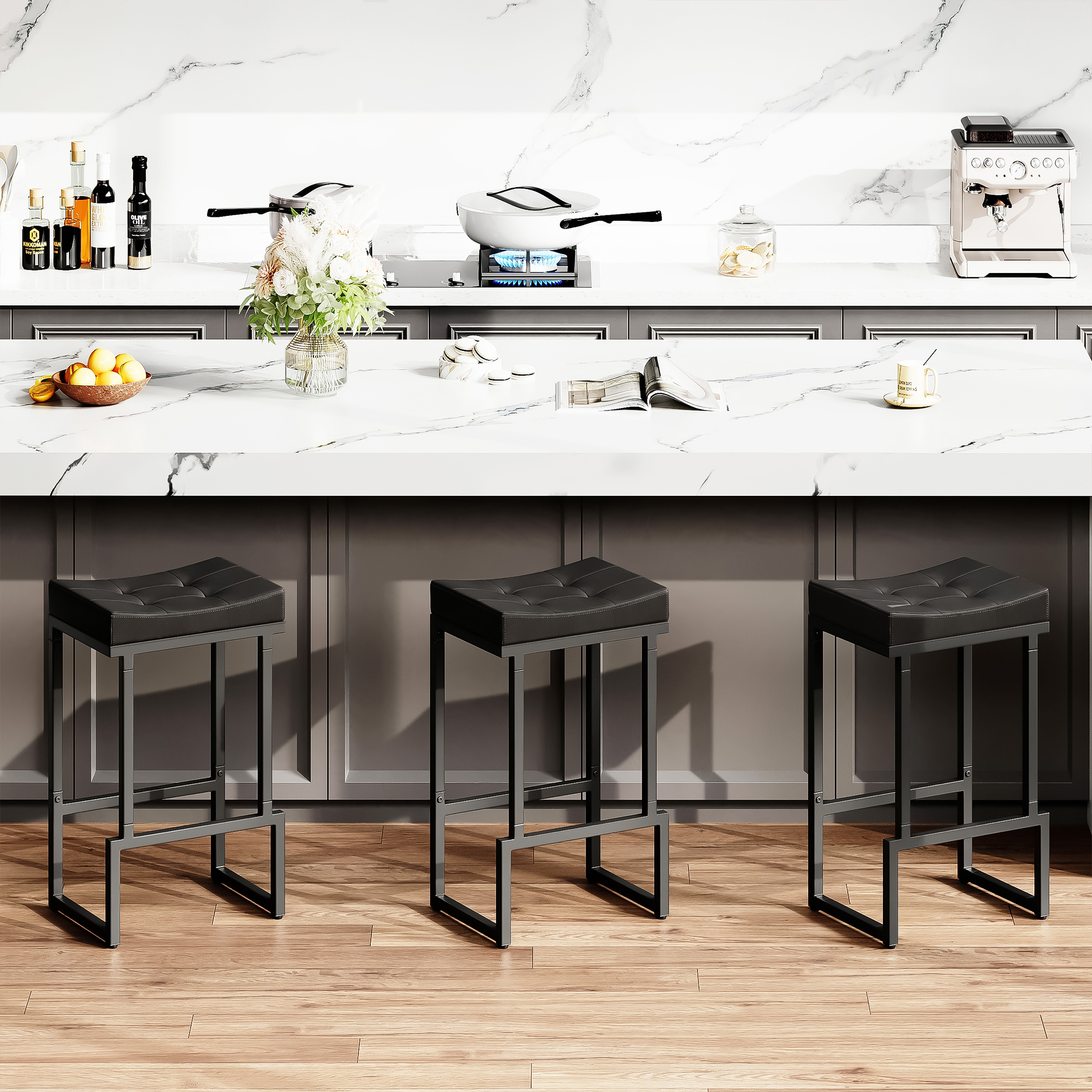 FIRAVOE Bar Stools Set of 3, Backless Counter Height Bar Stools (28") Modern Faux Leather Saddle Barstools for Kitchen Island, Black