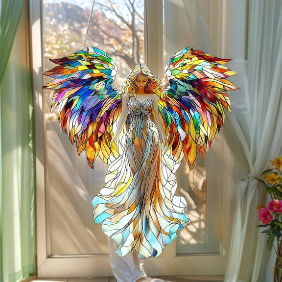 Rainbow Winged Angel Acrylic Suncatcher, Faux Stained Glass Window Hanging