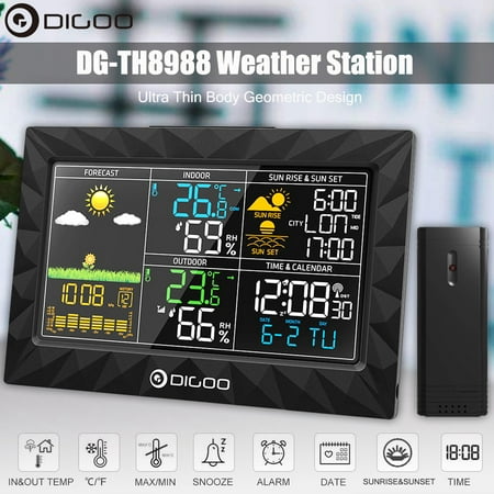 Outdoor Wall Mounted Weather Gauge DIGOO Indoor Outdoor Wireless Weather Forecast Station for Home with Outdoor Sensor,Super Thin Design,Colorful Large Screen,Sunrise Sunset Display Thermometer Hygrometer ()