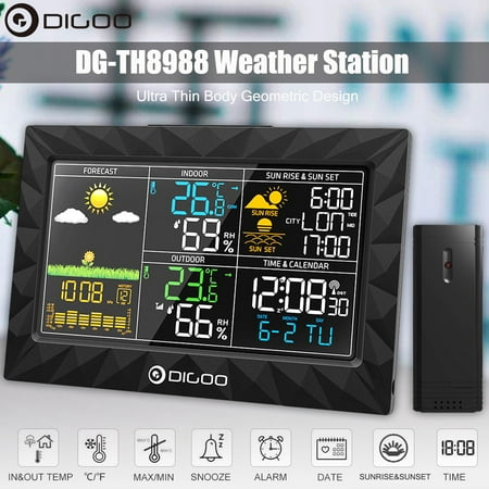 DIGOO Indoor Outdoor Wireless Weather Forecast Station for Home with Outdoor Sensor,Super Thin Design，Colorful Large Screen,Sunrise Sunset Display Thermometer