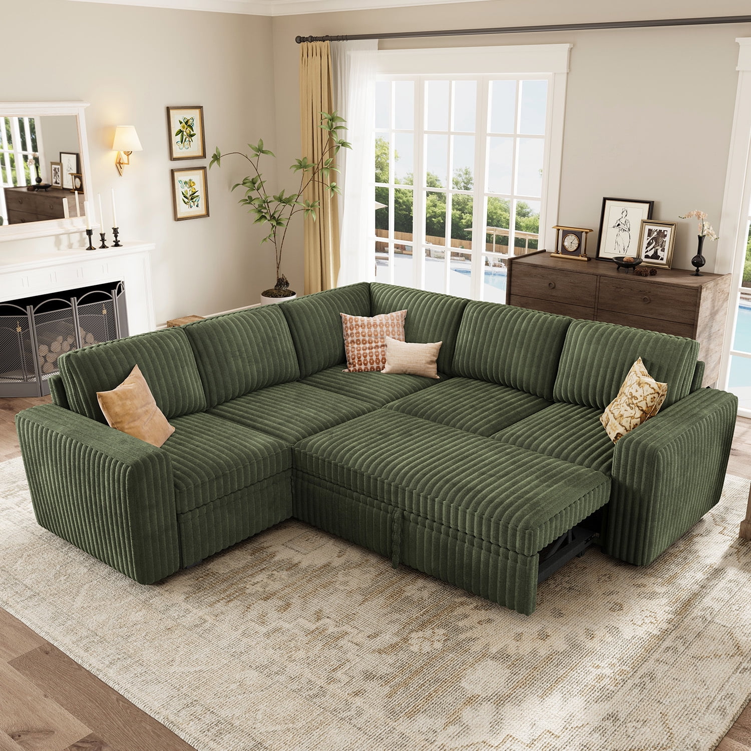 Marrber 84” Convertible Sectional Sleeper Sofa with Pull-Out Sofa Bed, L-Shaped Corner Sofa with Reversible Chaise and Hidden Storage, Pet-friendly Plush Corduroy for Living Room, Green