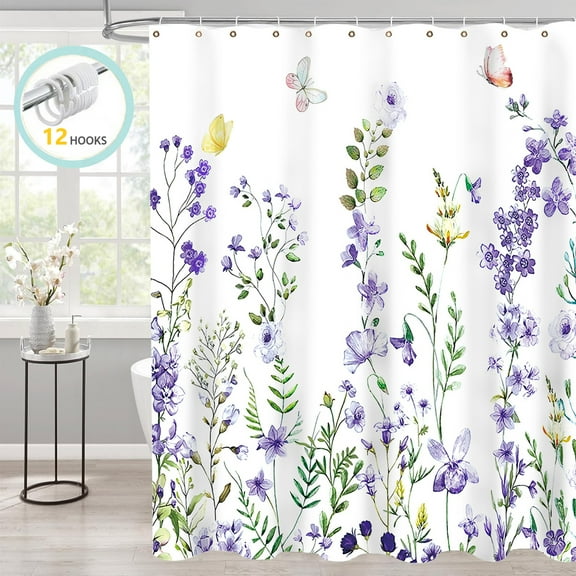 Zrodlmo White Floral Shower Curtain with Hooks, Water-Repellent Washable Fabric Bathroom Curtain, 72"x 72", Violet Flower