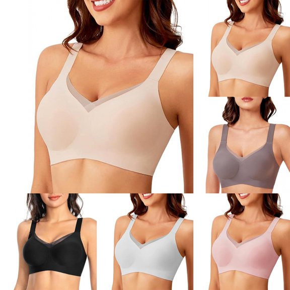 Gymayou Womens Wireless Jelly Bras V Mesh Comfortable Bralette Supportive Tshirt Bra No Underwire Seamless Push Up Everyday Bras Beige L