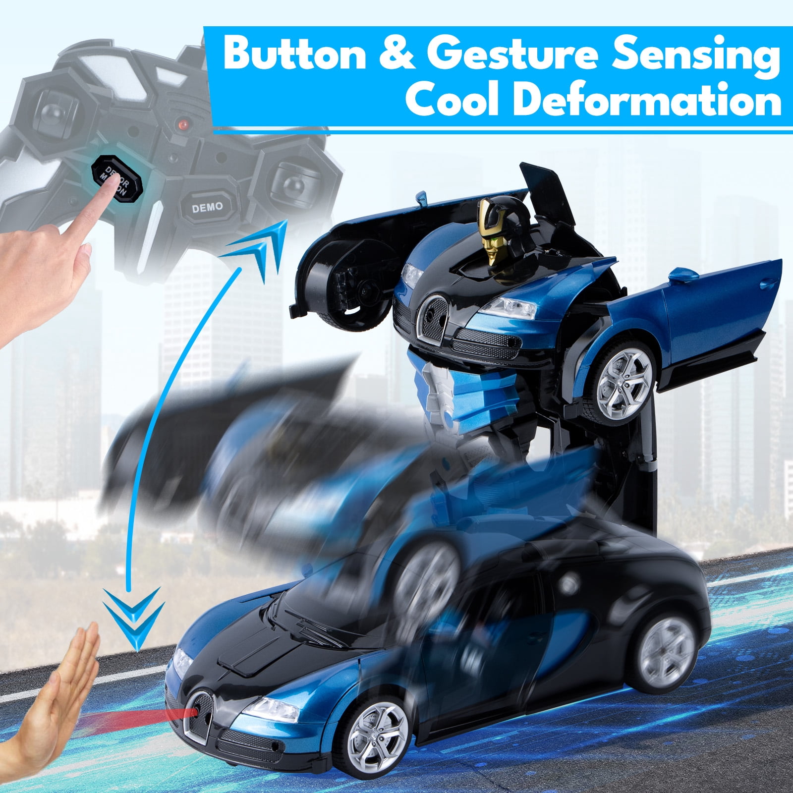 Ficcug Remote Control Transforming Car Robot Toys,2.4GHz 1/14 Scale Transform RC Racing Cars Toys with Gesture Sensing / One Key Deformation / 360° Spins for Kids Boys Girls