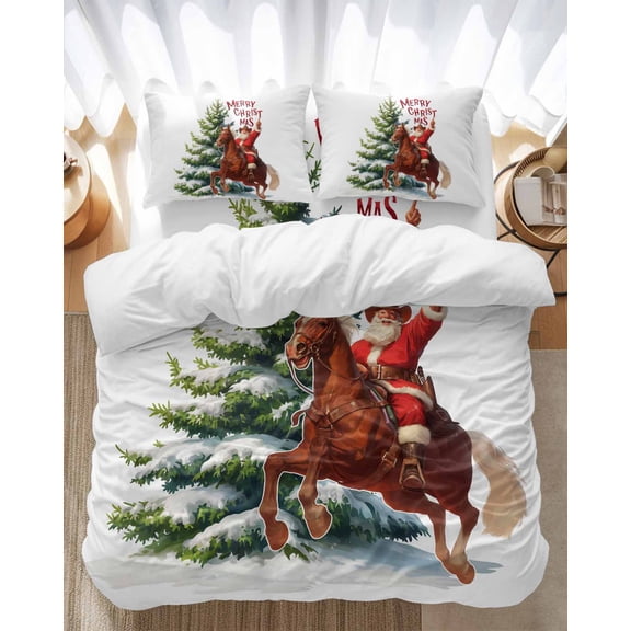 Merry Christmas Bedding Duvet Cover Set Full Size 4 Pieces Cowboy Santa Claus Horse Xmas Tree Bedding Set with Zipper Closure, 1 Comforter Cover 86x86 Inches 1 Flat Sheet & 2 Pillow Cases