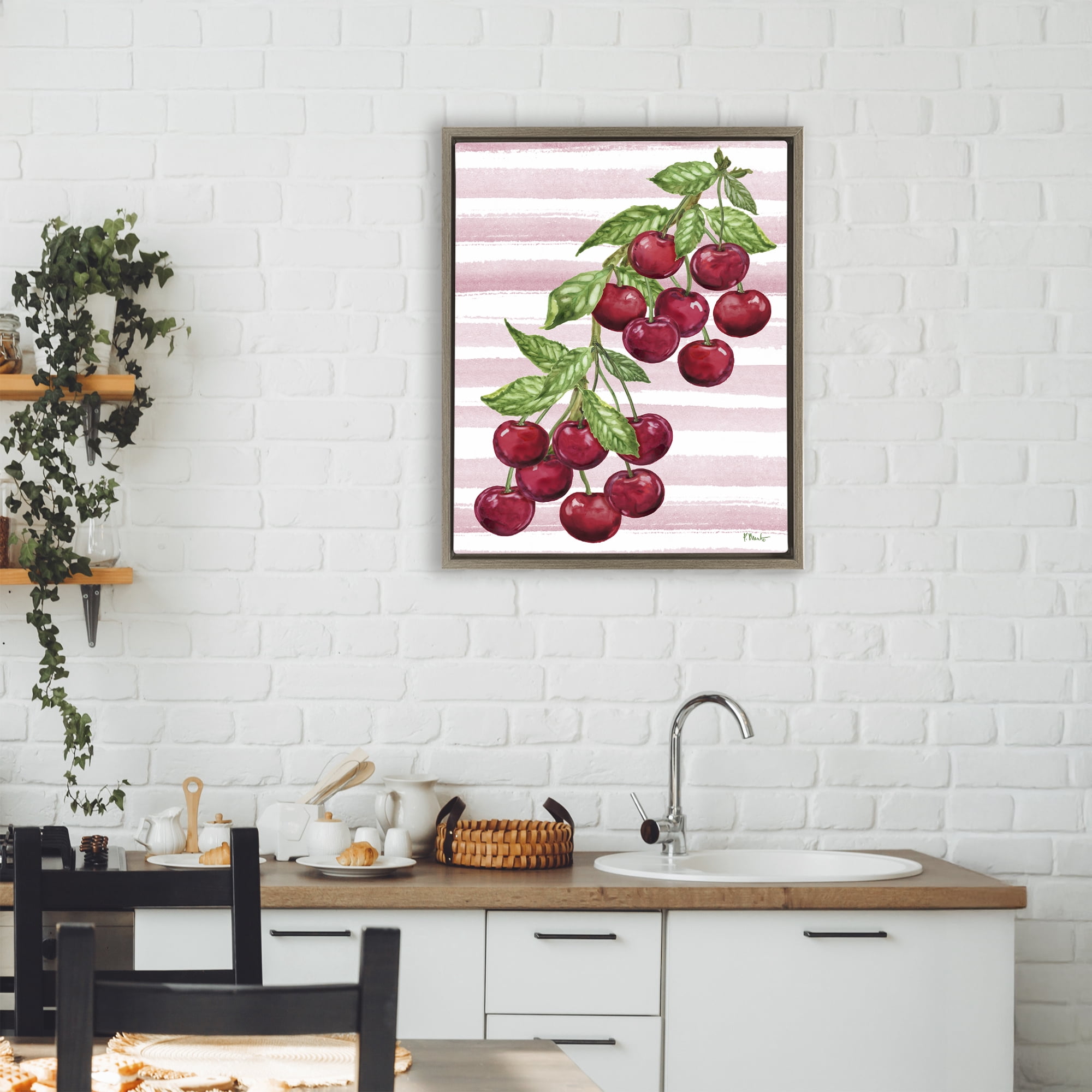 Stupell Industries Juicy Cherry Vine on Stripes Brown Framed Floater Canvas Wall Art, design by Paul Brent