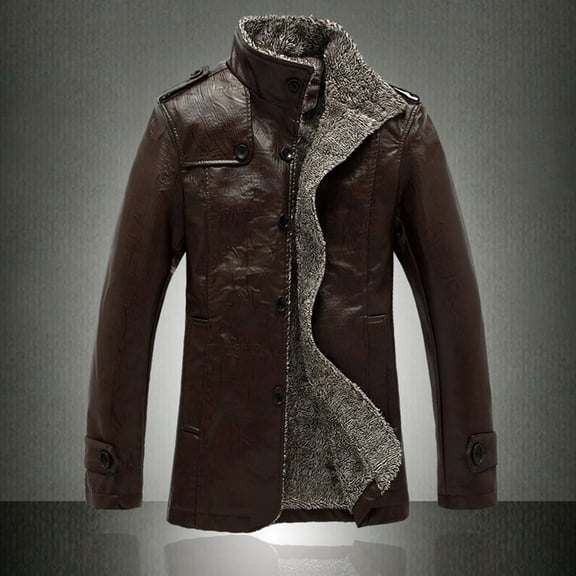 AOOCHASLIY Fall Clothes Mens Solid Casual Thicken Stand-up Collar Leather Single-breasted Jacket
