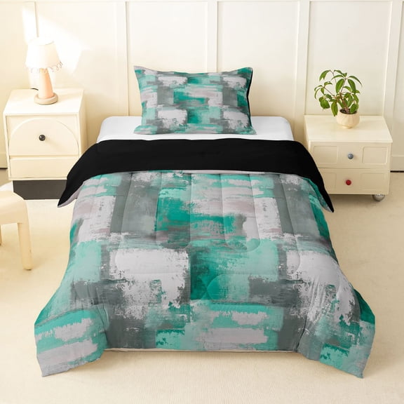 Homewish Green Geometric Grid Twin Comforter Sets,Abstract Art Bedding Set,Black Reversible,2-Piece,1 Comforter and 1 Pillowcase