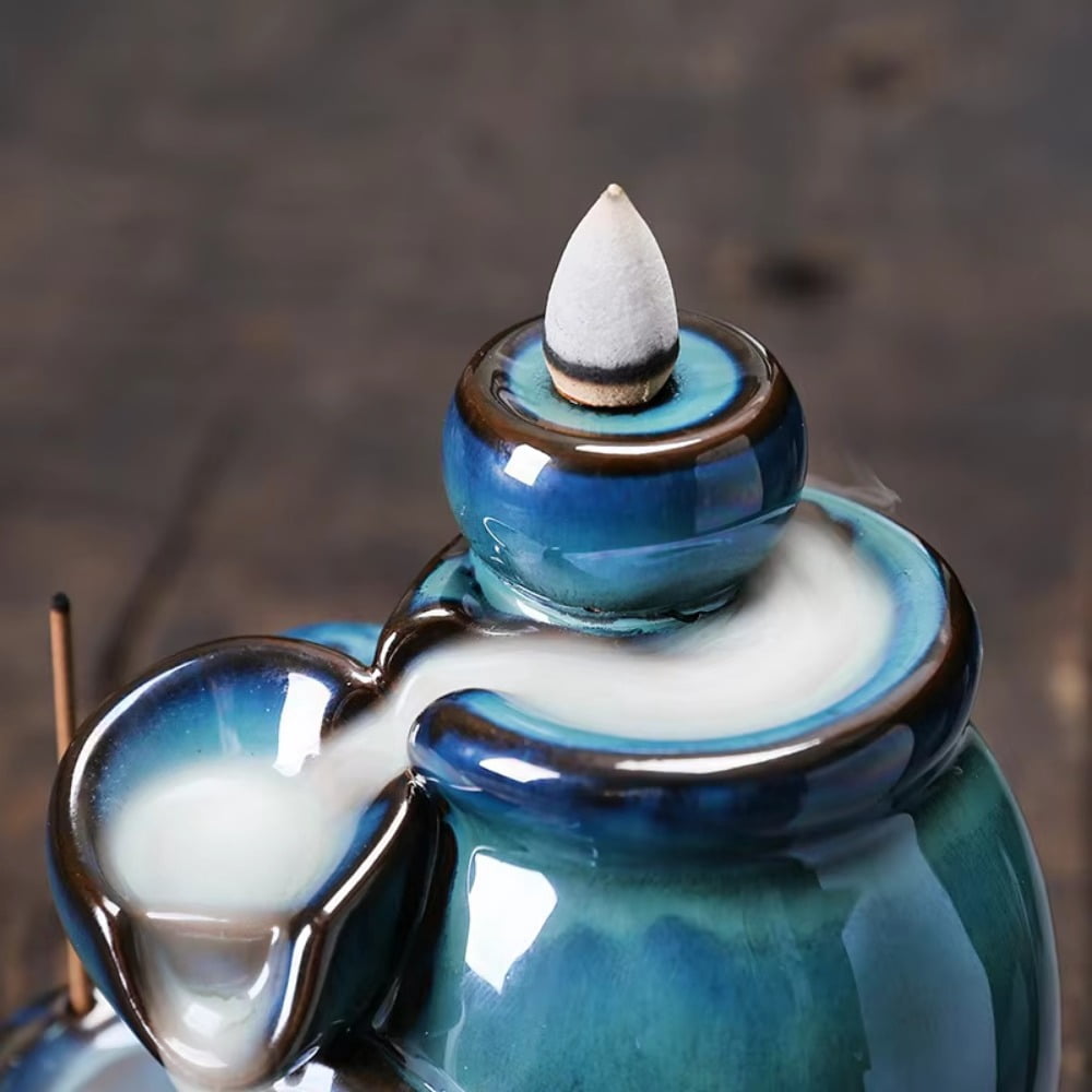 1pc Wine Jar Type Ceramic Blue Waterfall Backflow Incense Burner, Incense Stick Holder, Home Ornament (Without Incense)