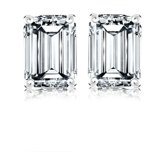 1 Carat Emerald Cut Moissanite Solitaire Stud Earrings In 18K White Gold Plating Over Silver