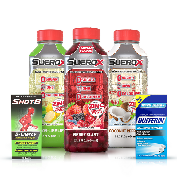 SueroX Kit, Electrolyte Drinks Berry Blast, Coconut Refresh, Lemon Lift - 21.3 Fl Oz each,Bufferin Aspirin 130ct, Shot B Energy Multivitamin 60ct, - Recovery and Refreshment Bundle