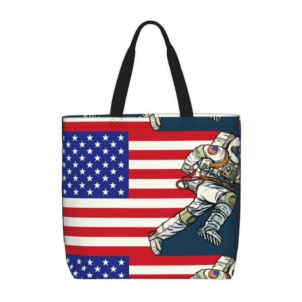 Fotbe American Astronaut Runs Forward Bolsa Tote con Estampado para Mujer, Bolsos con Cremallera, Bolsa de Hombro Casual de Gran Capacidad con Bolsillos Internos