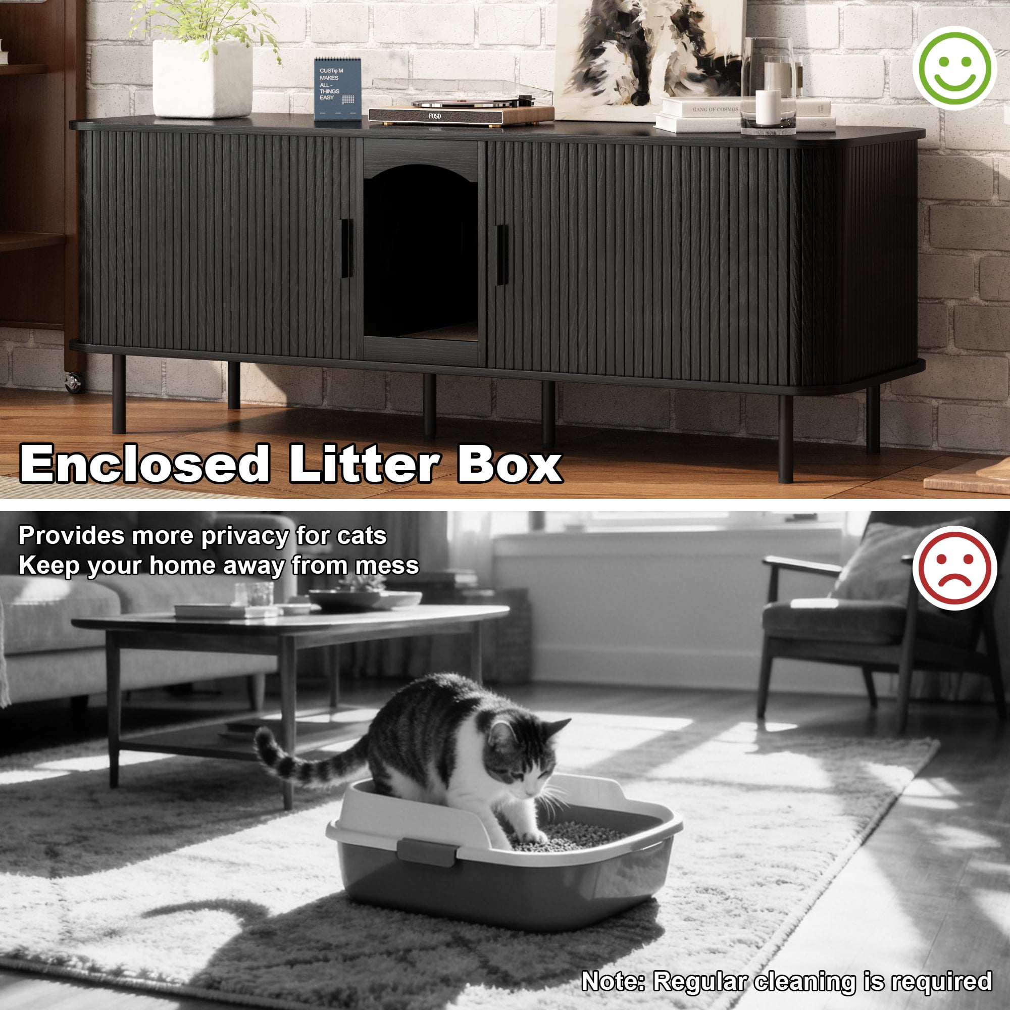 PieDle 59'' Large Cat Litter Box Enclosure with Sliding Tambour Door, Hidden Litter Box Furniture, Wood Cat Litter Box Cabinet with Cat Scratch Pad