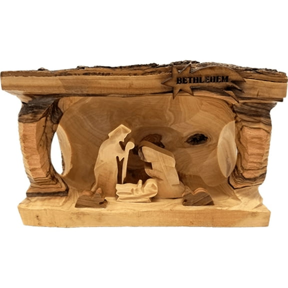 Nativity Grotto Log With Bark 3D Holy Land Olive Wood  - Large- Made in Bethlehem