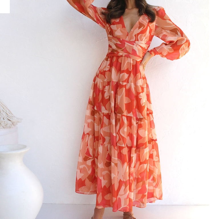 Rciityk Orange Maxi Dresses for Women Casual Floral Deep V Neck Long Sleeve  Spring Fall Boho Dresses Wedding Guest Holiday Beach Long Dress -  Walmart.com